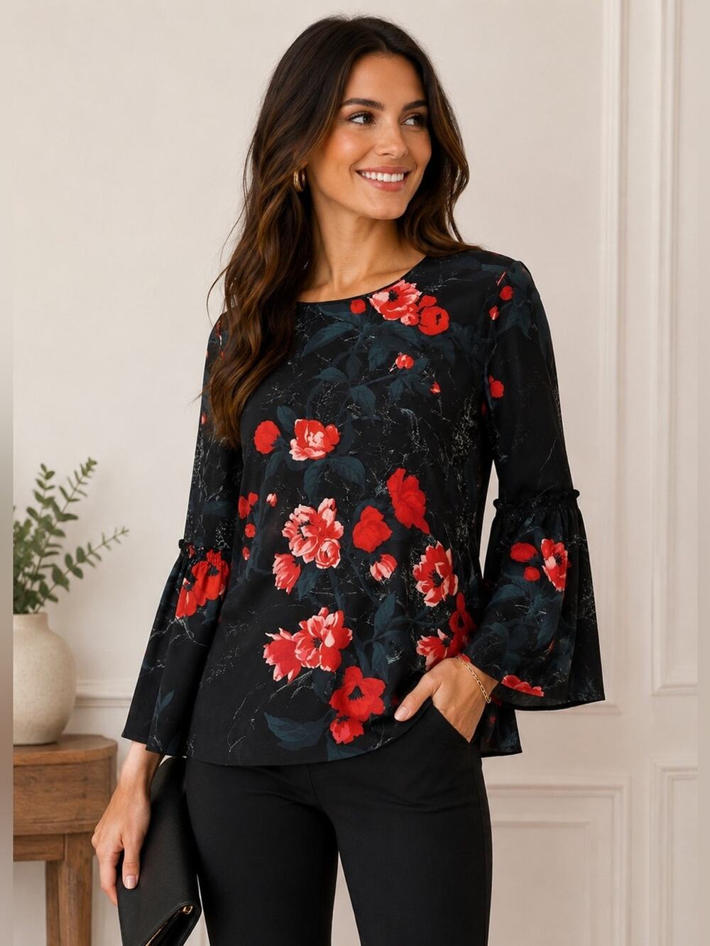 Lafayette 148 New York Roslin Silk Bell Sleeve Top Terrace Florets Size XS